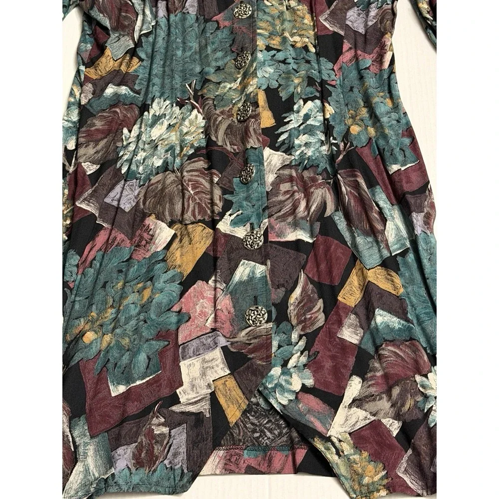 Vintage La Belle Abstract Floral Rayon Dress Size 13 Ornate Silver Tone Buttons